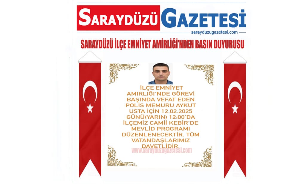Polis Memurumuz Aykut Usta’nın Mevlid Programına Tüm Vatandaşlarımız Davetlidir.